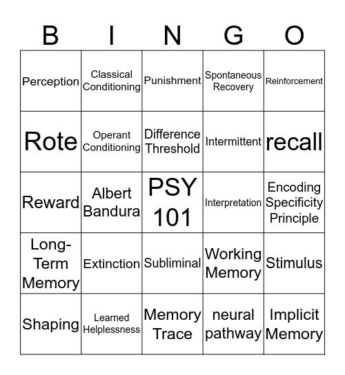 PSY 101 CH 6 Vocab Bingo Card