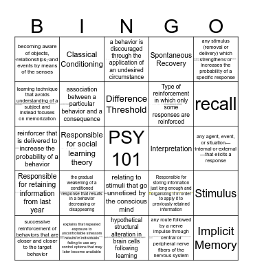 PSY 101 CH 6 Vocab Bingo Card