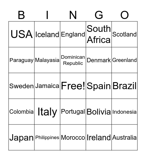 Around the World Bingo Card