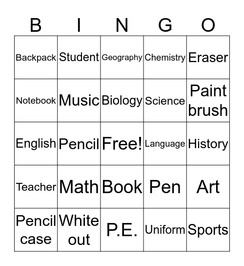 School Subjects Bingo Card