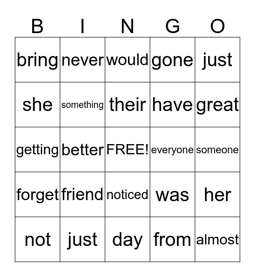 Level J Bingo Card