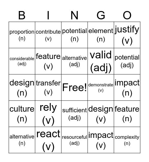 WordGEN Bingo Units 1.03-1.06 Bingo Card