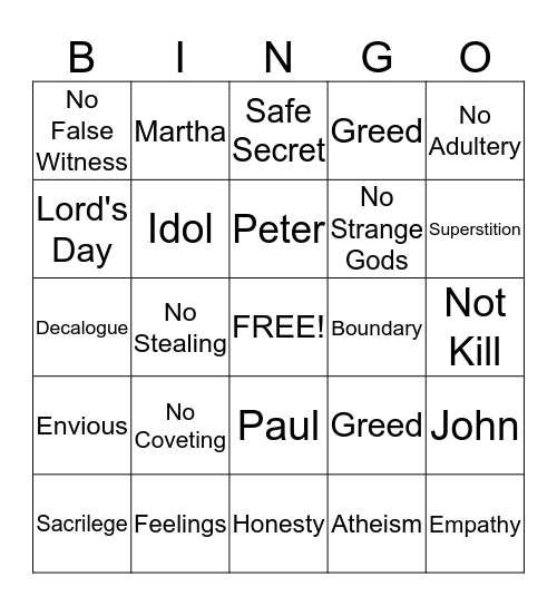 Seventh Grade Catechesis Bingo Card