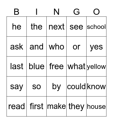 Sight word bingo Card
