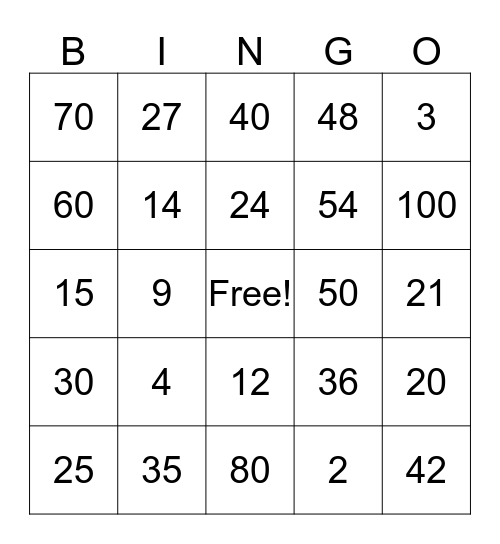 2, 3, 5, 6,10 Multiplication Bingo Card