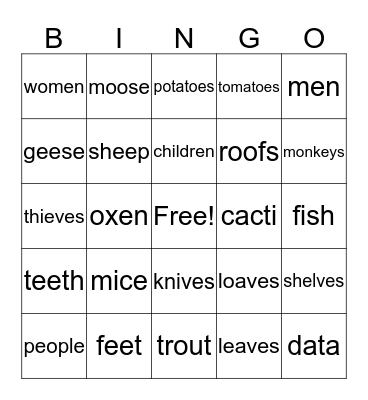 Plural Nouns Bingo Card