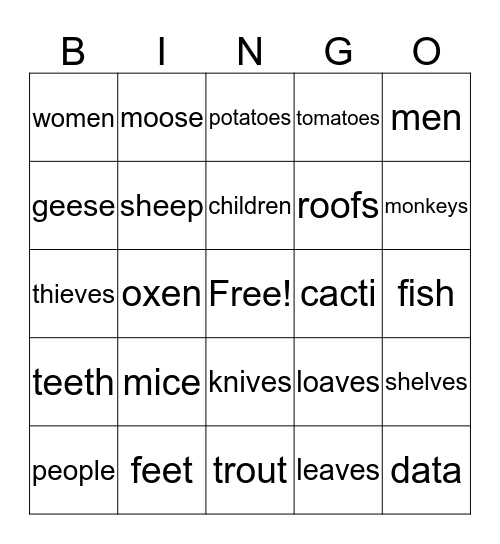 Plural Nouns Bingo Card