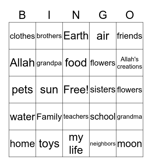 Thankfulness Bingo Card