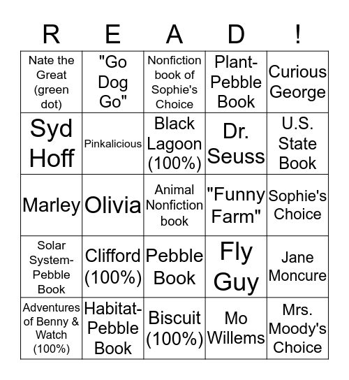 Sophie's Reading Bingo Card