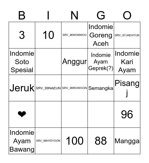 Bingo SRV 11/11 Bingo Card