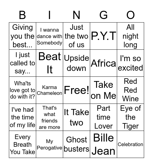 80's hits Bingo Card