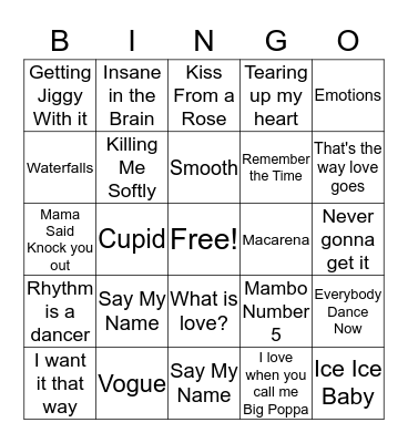 90's hits Bingo Card