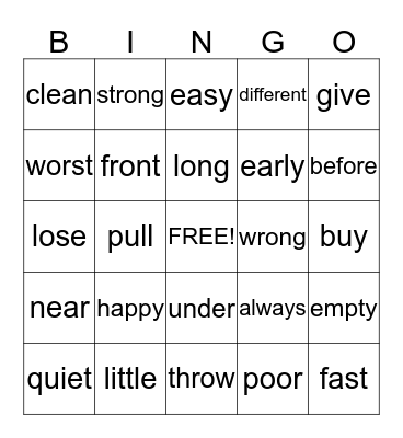Antonym Bingo Card