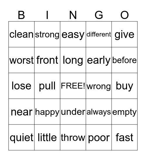 Antonym Bingo Card