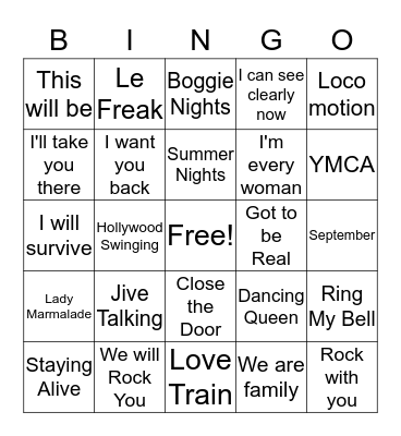 70's hits Bingo Card