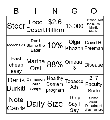 Food Essays Bingo Card