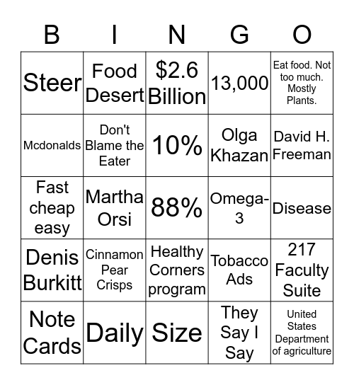 Food Essays Bingo Card