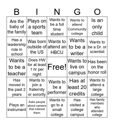 College 101 - Bingo Card