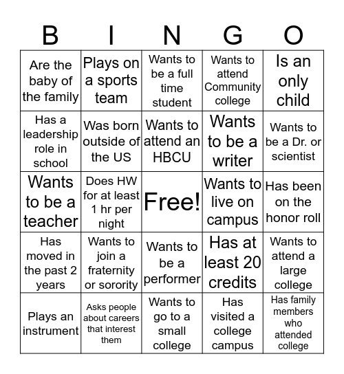 College 101 - Bingo Card
