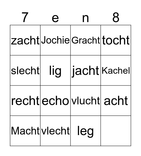 Woorden met -ch en -cht Bingo Card