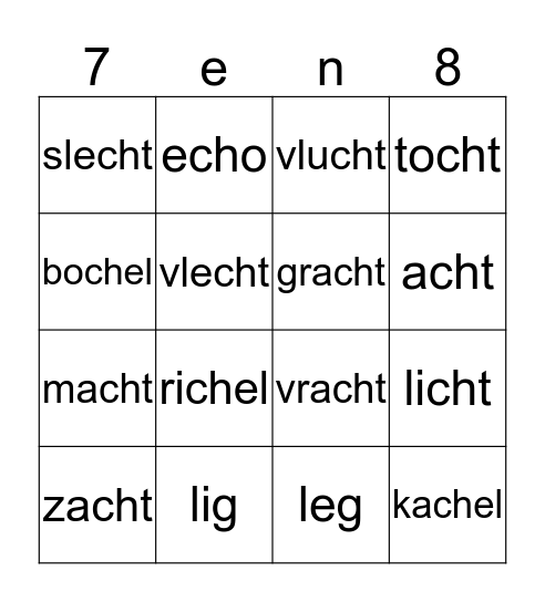 Woorden met -ch en -cht Bingo Card