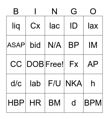 Medical Abbreviations Bingo Card