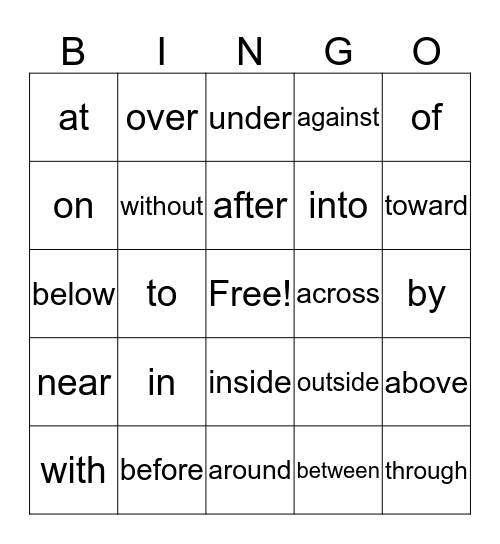 Preposition Bingo Card