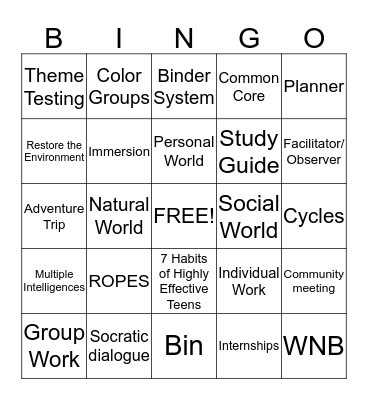 Mission Montessori Middle School  Bingo Card