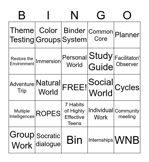Mission Montessori Middle School  Bingo Card
