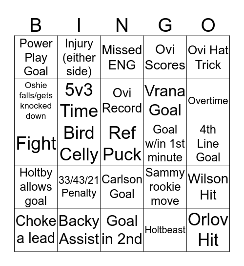 Capitals 2019-2020 Bingo Card