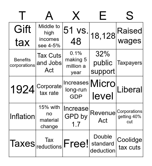Tax Cuts and Jobs Act Bingo Card