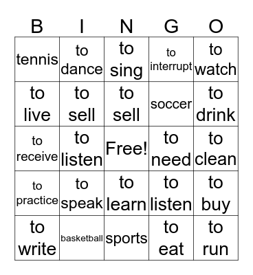Verbs and Sports Bingo Card