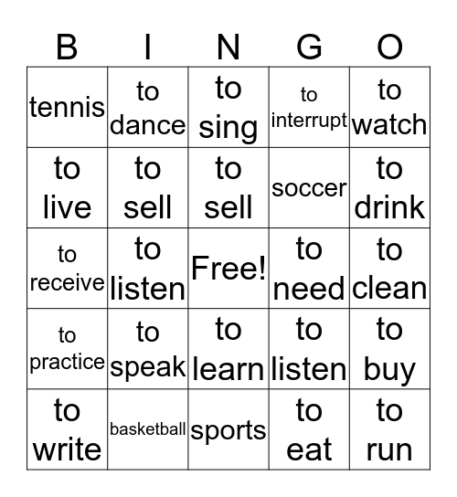 Verbs and Sports Bingo Card