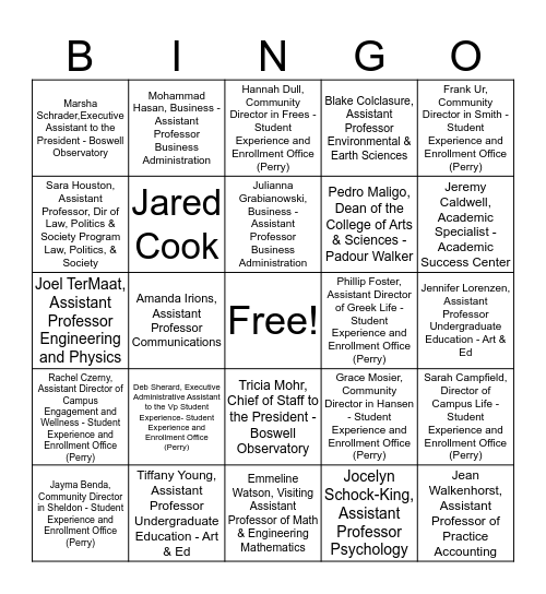 New Staff Member Bingo Card