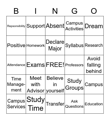 College Success Bingo Card