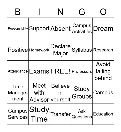 College Success Bingo Card