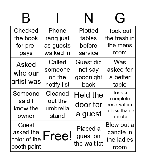 Host Team Bingo Card