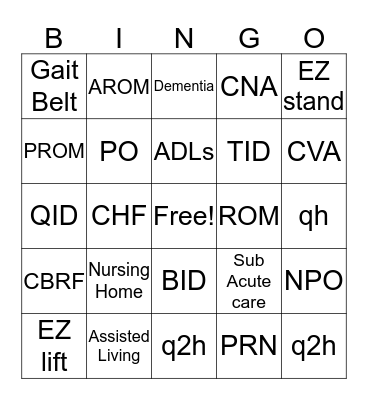 CNA BINGO Card