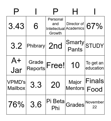 Pi Phi Academic Night Bingo Card
