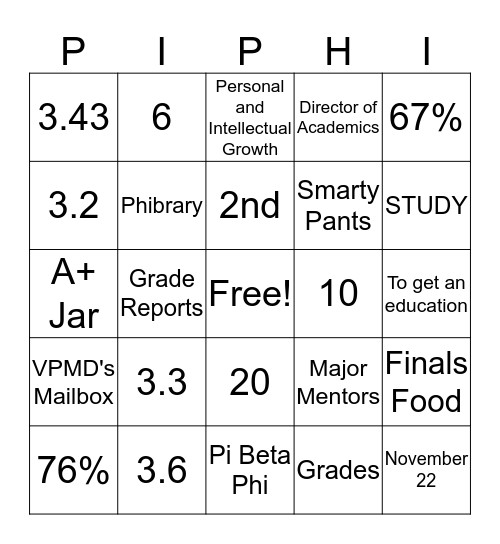 Pi Phi Academic Night Bingo Card