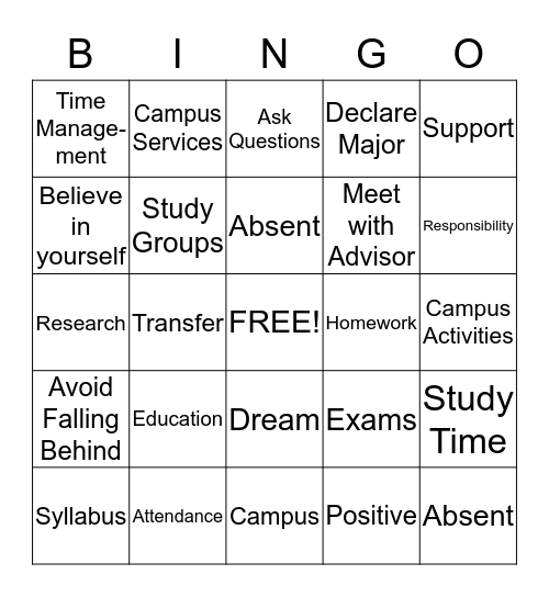 College Success Bingo Card