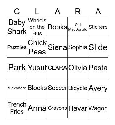 Clara's Favourites Bingo Card