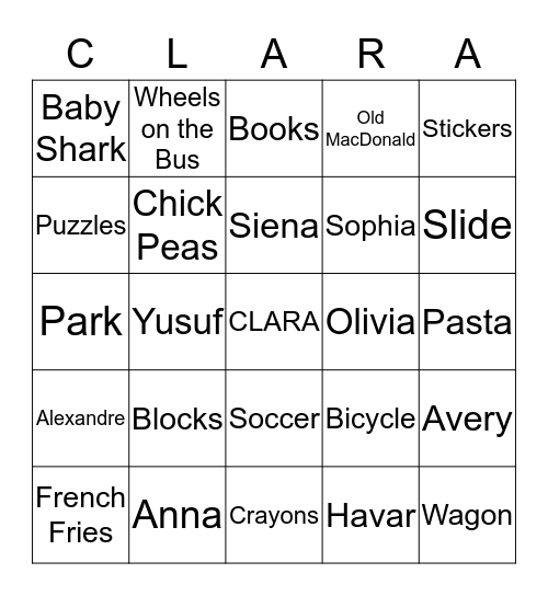 Clara's Favourites Bingo Card