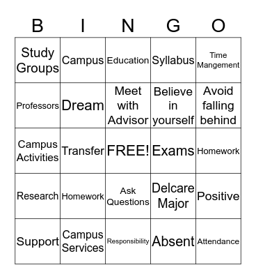 College Success Bingo Card