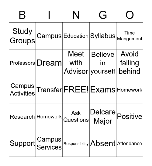 College Success Bingo Card