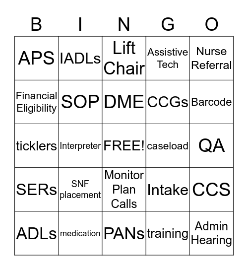 Case Manager Bingo Card