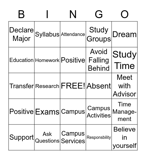 College Success Bingo Card
