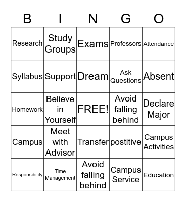 College Success Bingo Card
