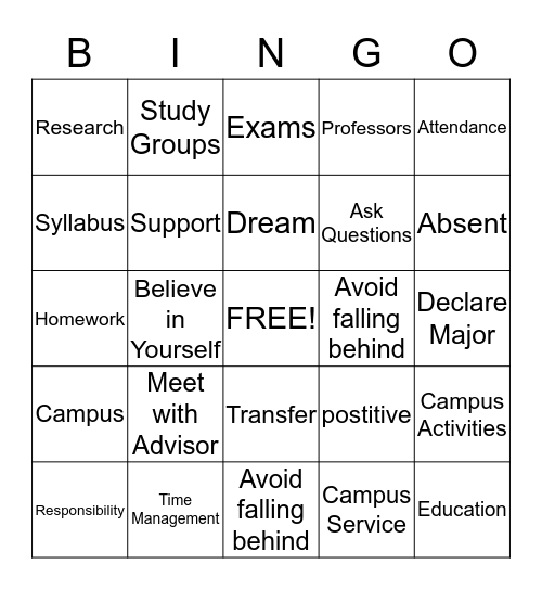 College Success Bingo Card