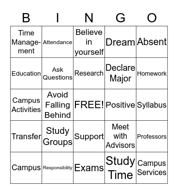 College Success Bingo Card